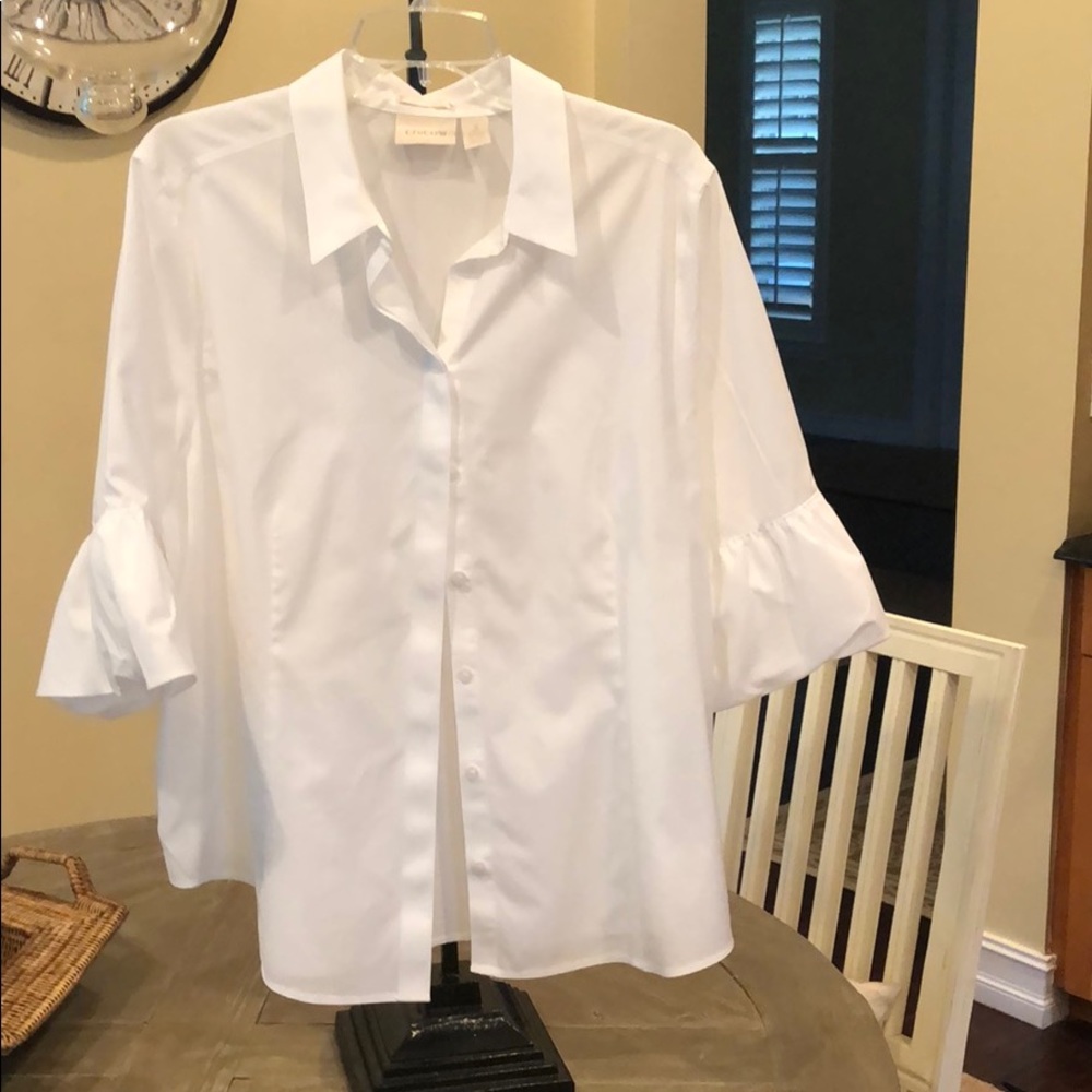 Chico’s white blouse with puffy bell sleeves